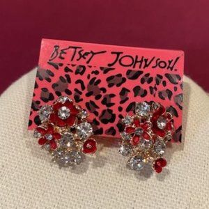 VTG BETSEY JOHNSON Red Enamel Flower Rhinestone EARRINGS